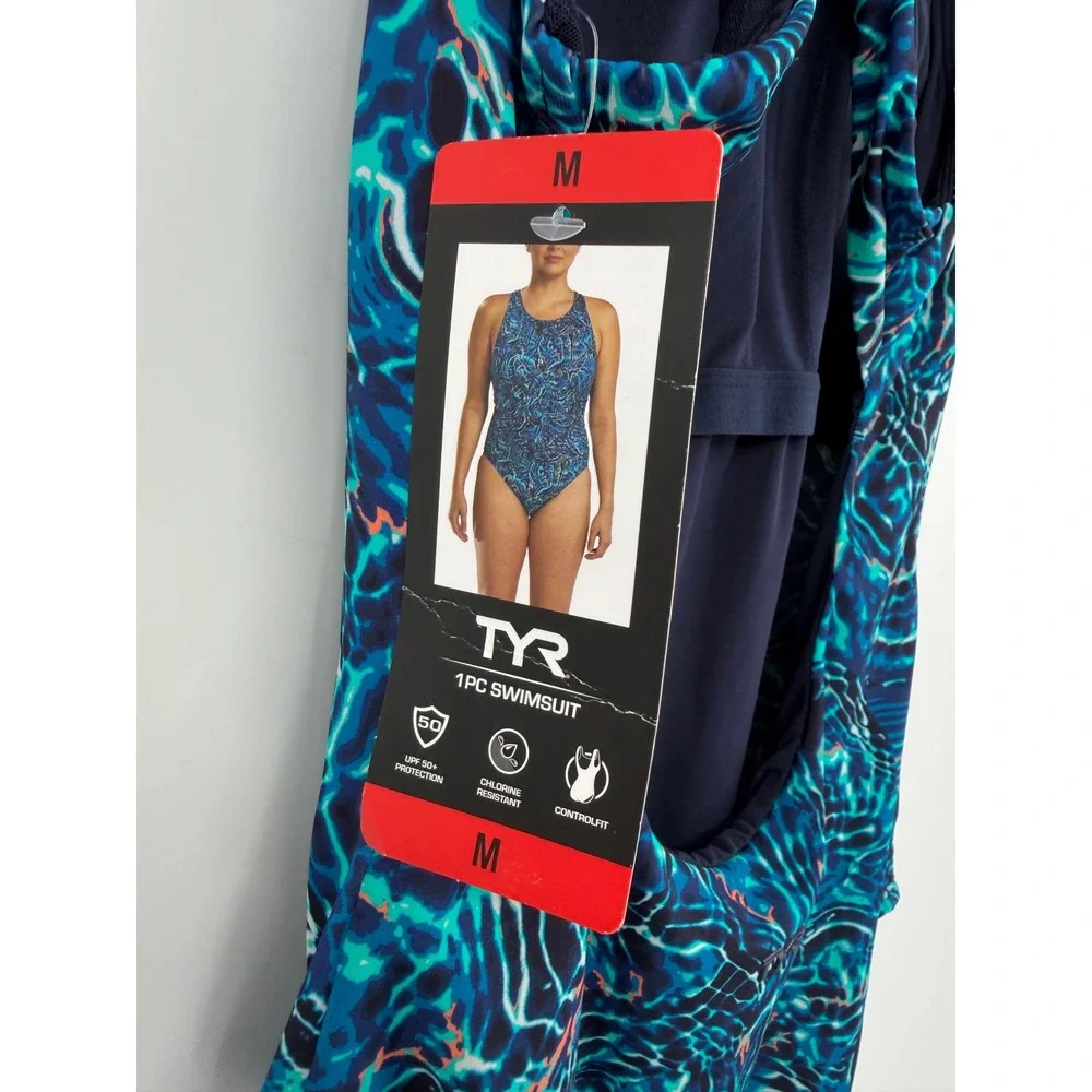 TYR Womens Blue Water Ripple Racerback One Piece Swimsuit Size M 1842968